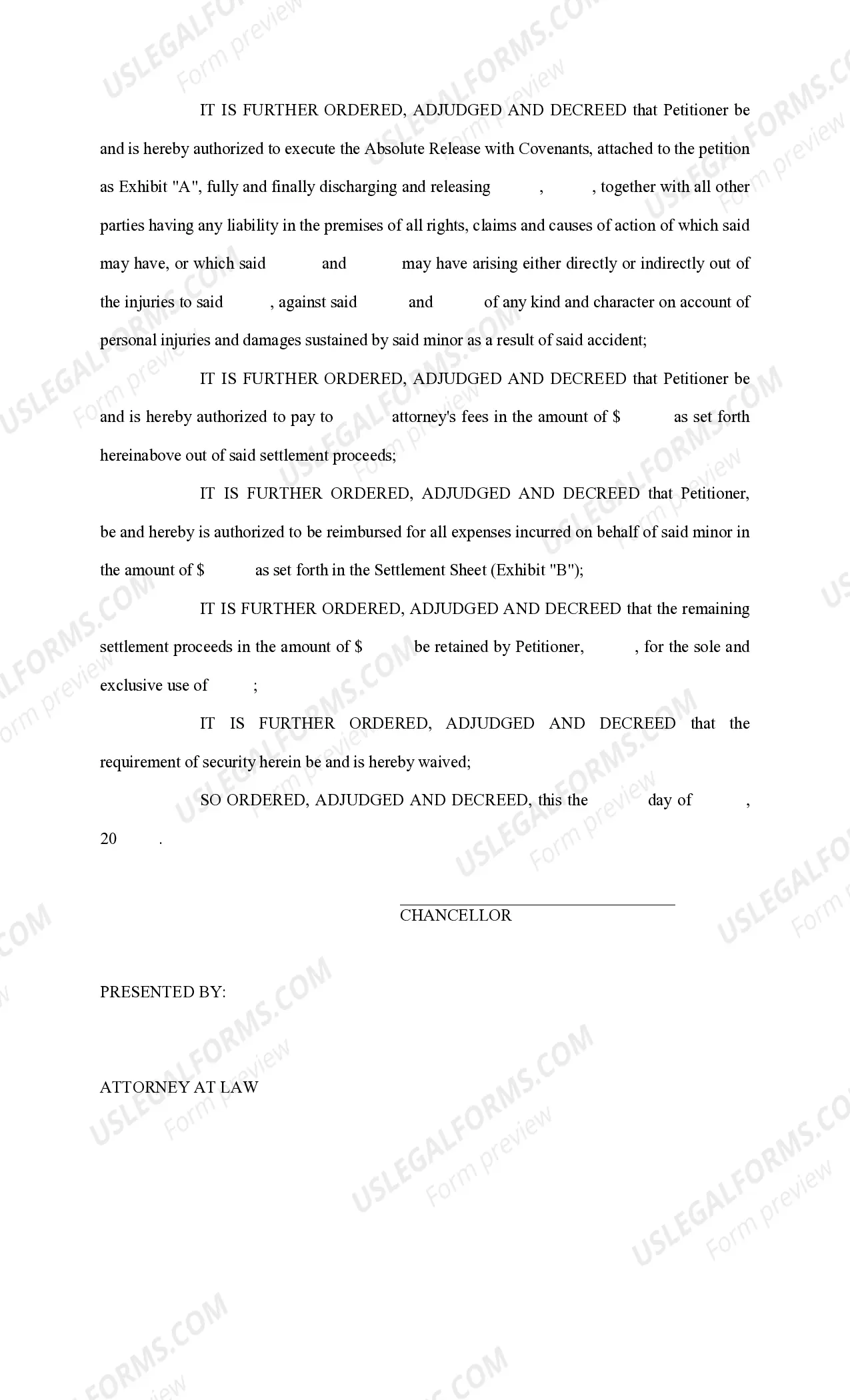 Preview Petition for Authority to Settle Doubtful Claim, With Joinder - Apartment Complex Injury