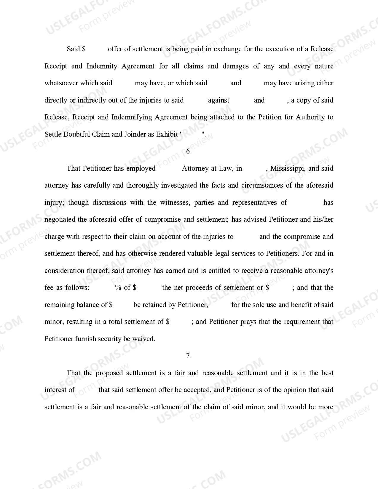 Preview Petition for Authority to Settle Doubtful Claim, With Joinder - School Bus Injury