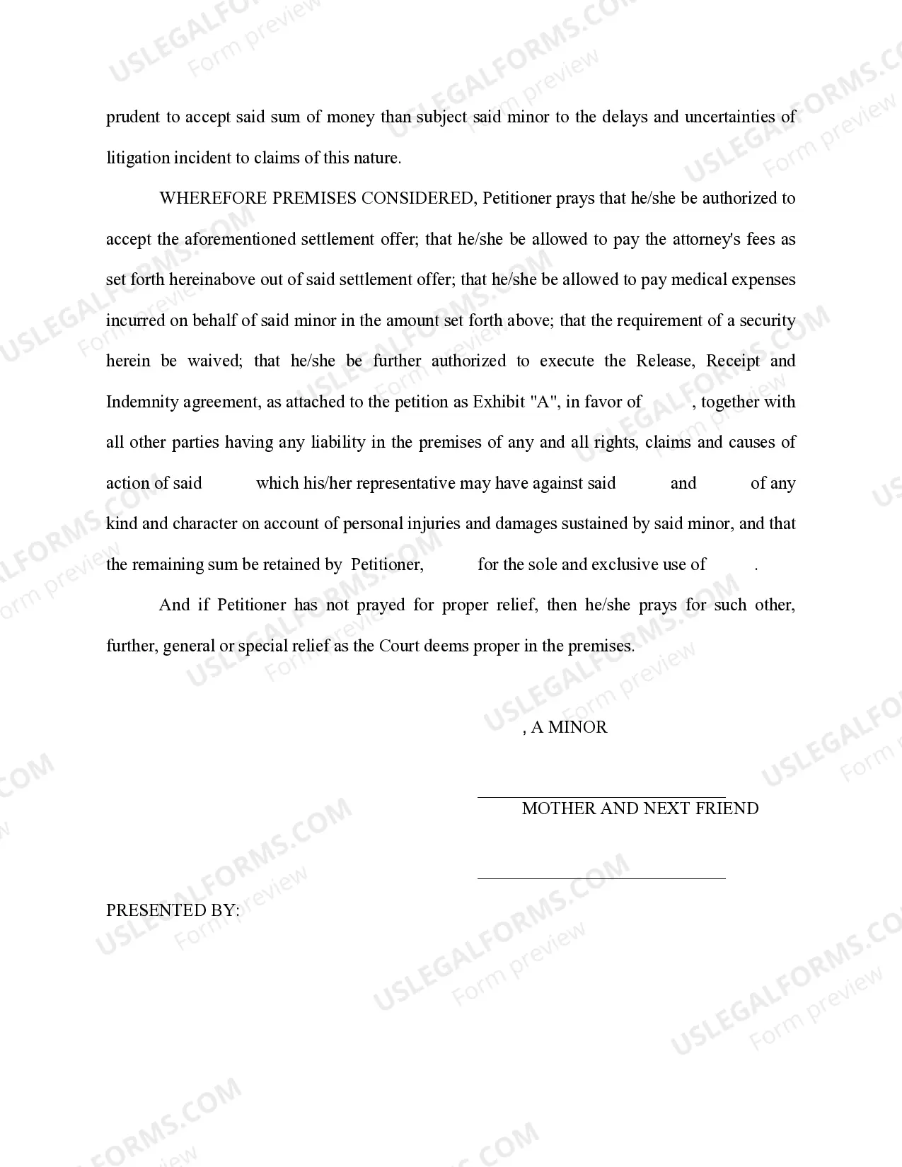 Preview Petition for Authority to Settle Doubtful Claim, With Joinder - School Bus Injury