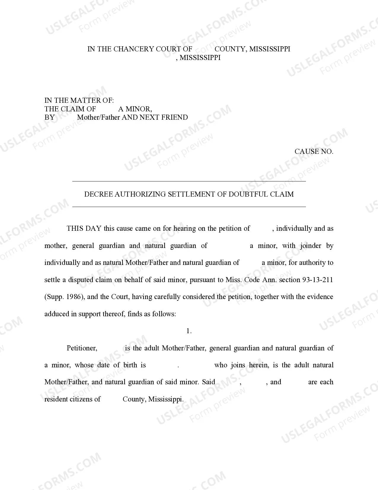 Preview Petition for Authority to Settle Doubtful Claim, With Joinder - School Bus Injury