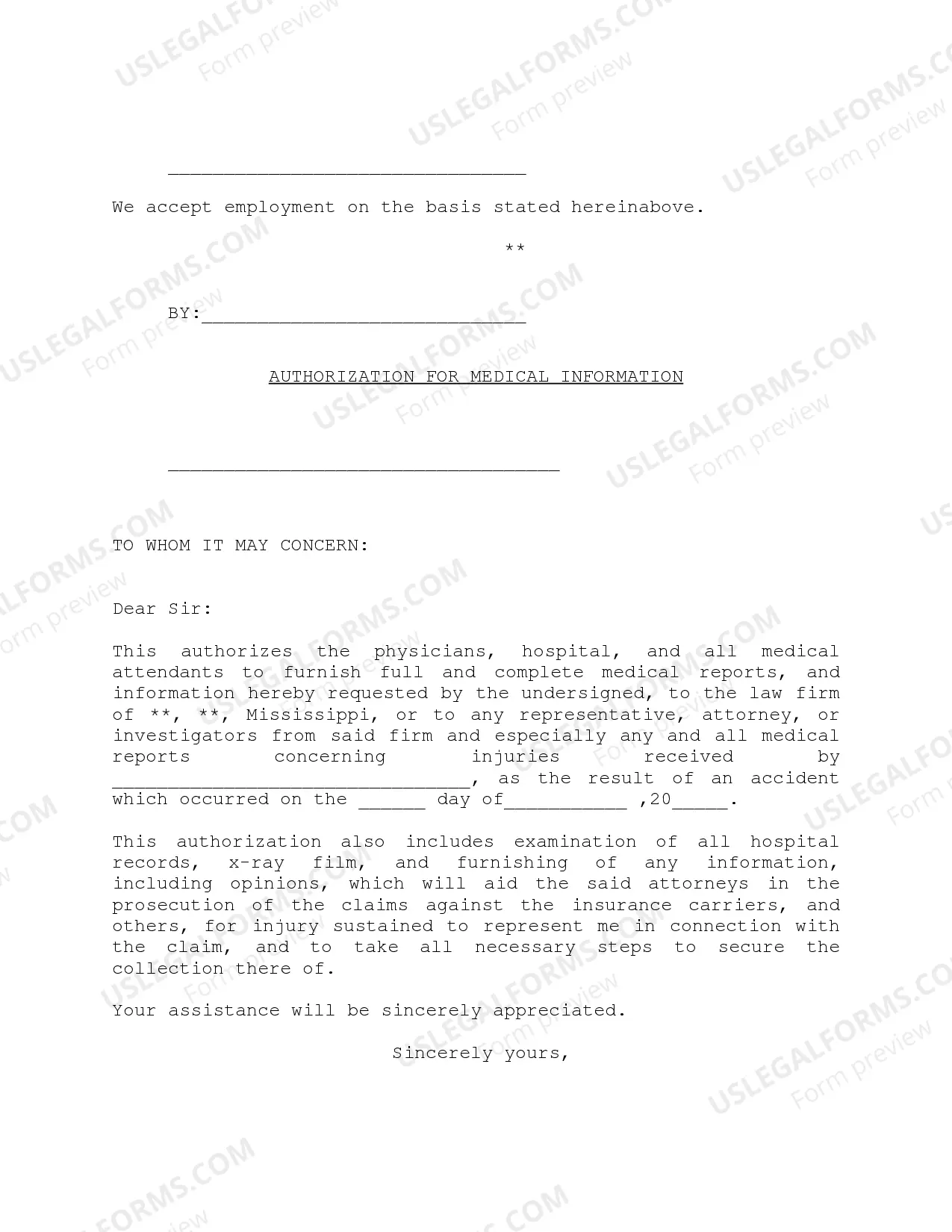 Preview Legal Services Contract - Authorization for Medical Information