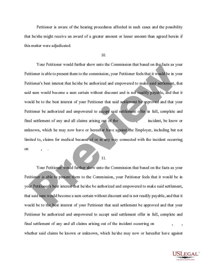 Preview Petition for Approval of Settlement Under Section 71-3-29 of Mississippi Code, Annotated - Affidavit - Order - Release