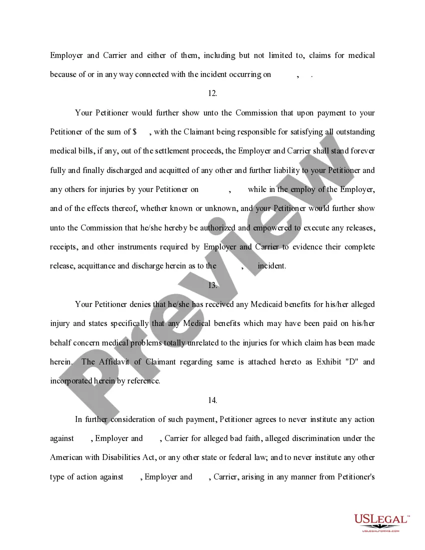 Preview Petition for Approval of Settlement Under Section 71-3-29 of Mississippi Code, Annotated - Affidavit - Order - Release