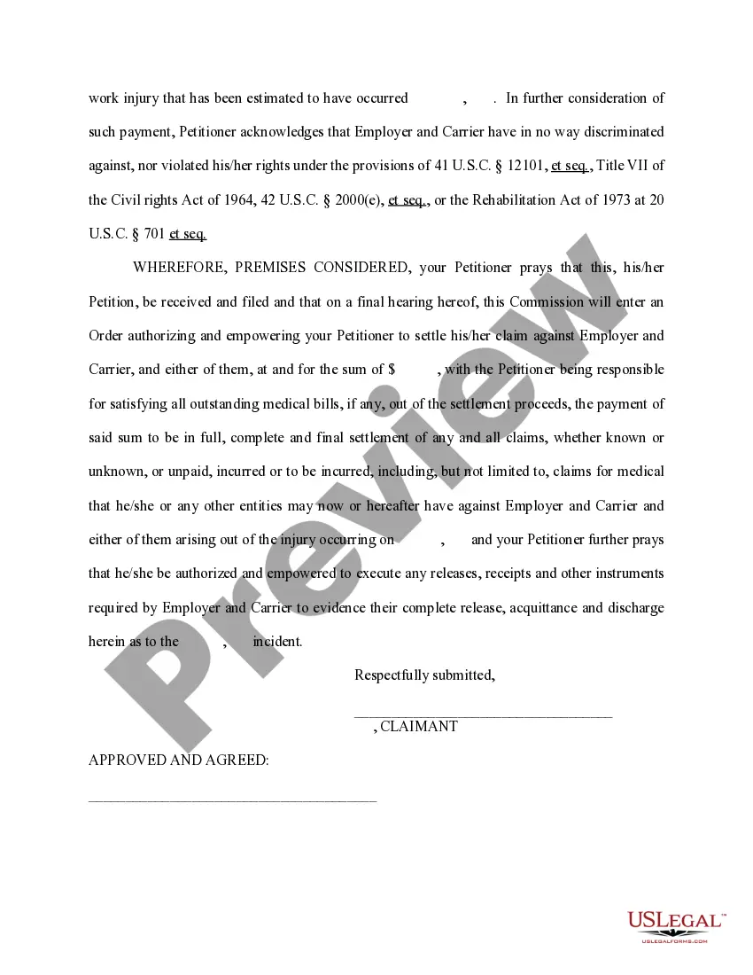 Preview Petition for Approval of Settlement Under Section 71-3-29 of Mississippi Code, Annotated - Affidavit - Order - Release