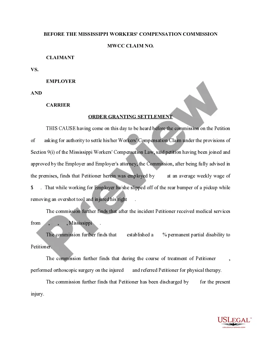 Preview Petition for Approval of Settlement Under Section 71-3-29 of Mississippi Code, Annotated - Affidavit - Order - Release
