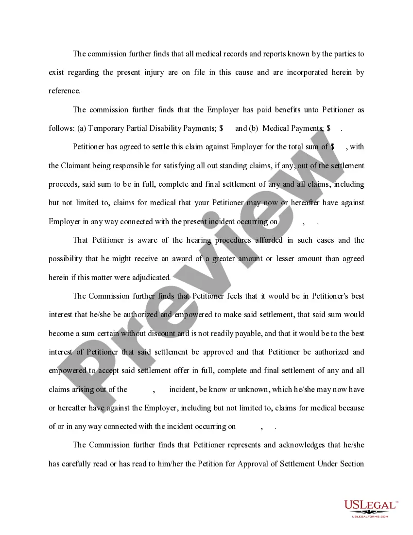 Preview Petition for Approval of Settlement Under Section 71-3-29 of Mississippi Code, Annotated - Affidavit - Order - Release