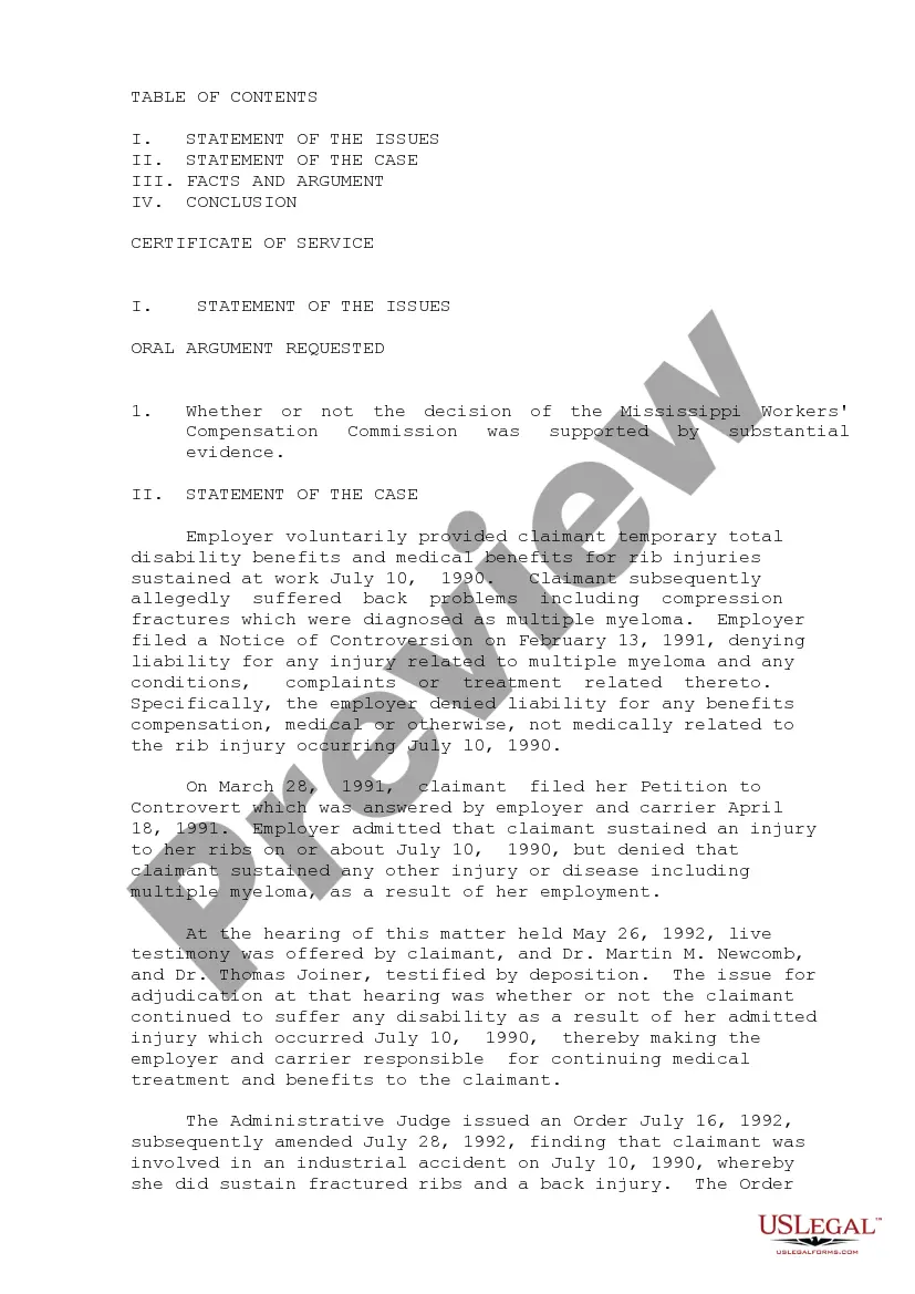 Preview Brief of Appellant - Employer and Carrier