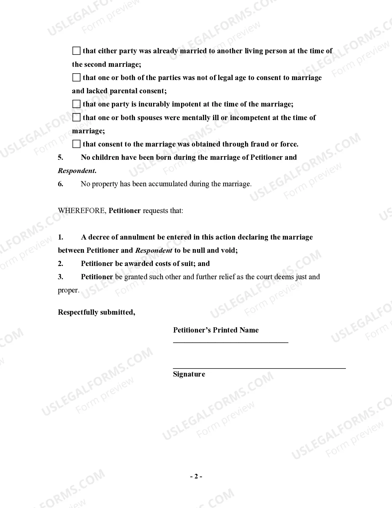 Preview Petition to Annul Marriage