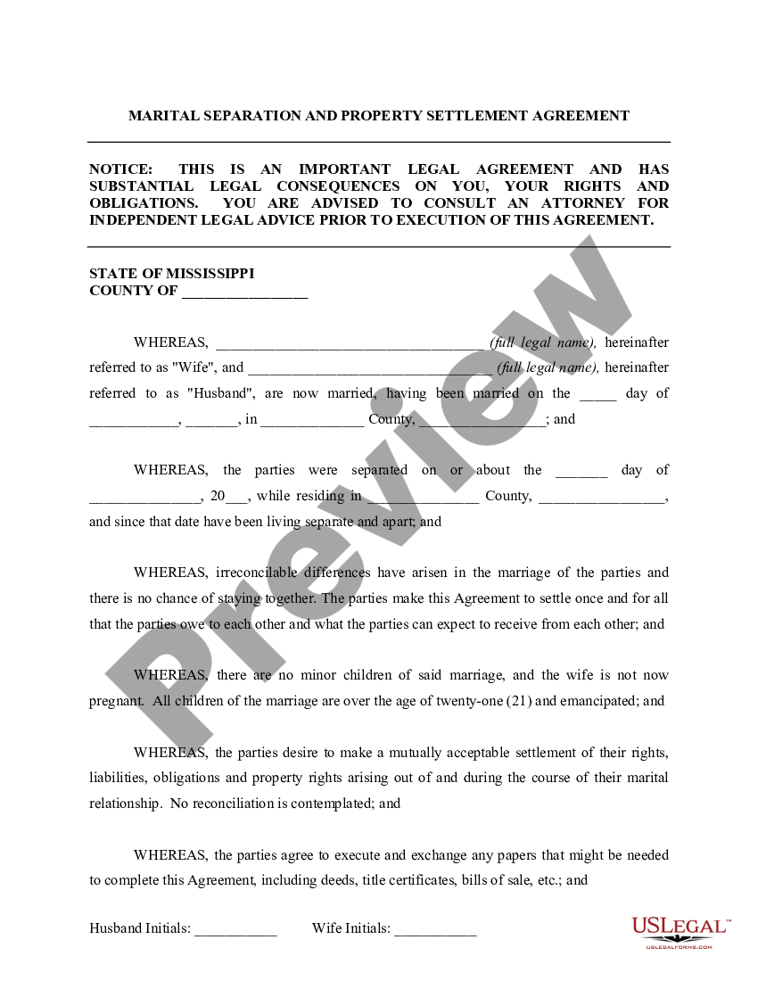 Mississippi Separation and Property Settlement Agreement - Mississippi ...