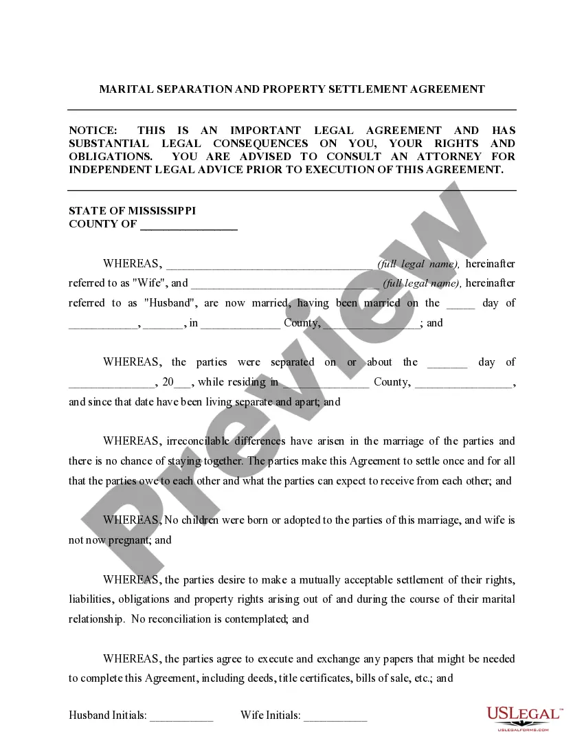 Get Separation and Property Settlement Agreement - No Children Preview Separation and Property Settlement Agreement - No Children