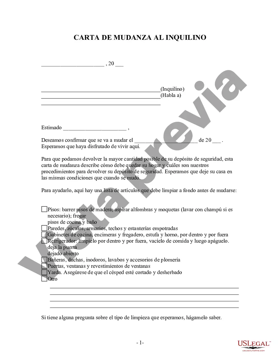 Preview Carta del propietario al inquilino con instrucciones sobre limpieza y procedimientos para mudarse