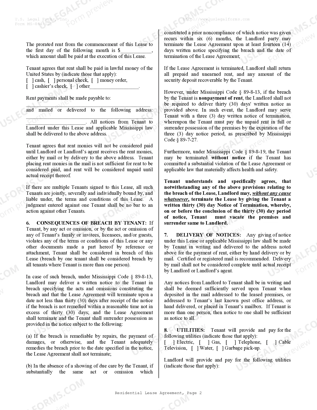 Preview Residential Lease or Rental Agreement for Month to Month