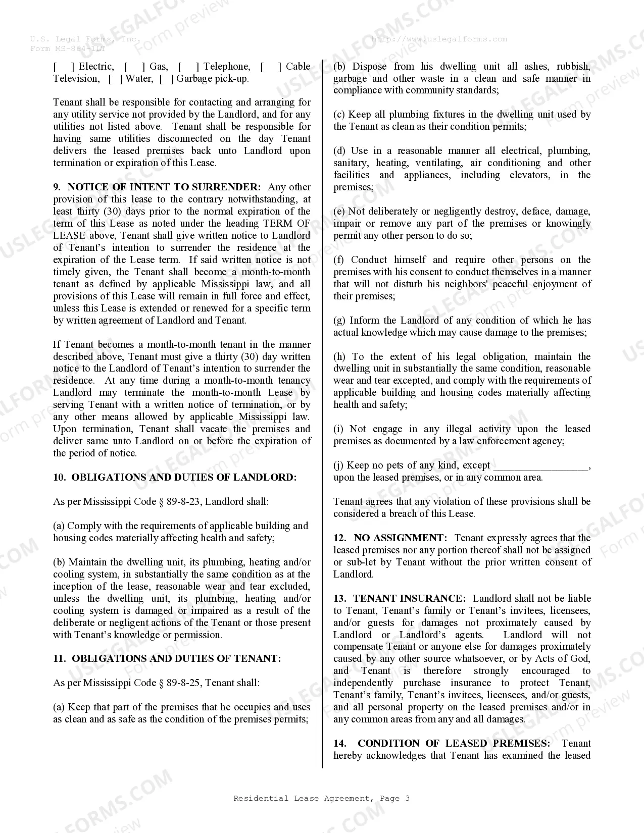 Preview Residential Lease or Rental Agreement for Month to Month