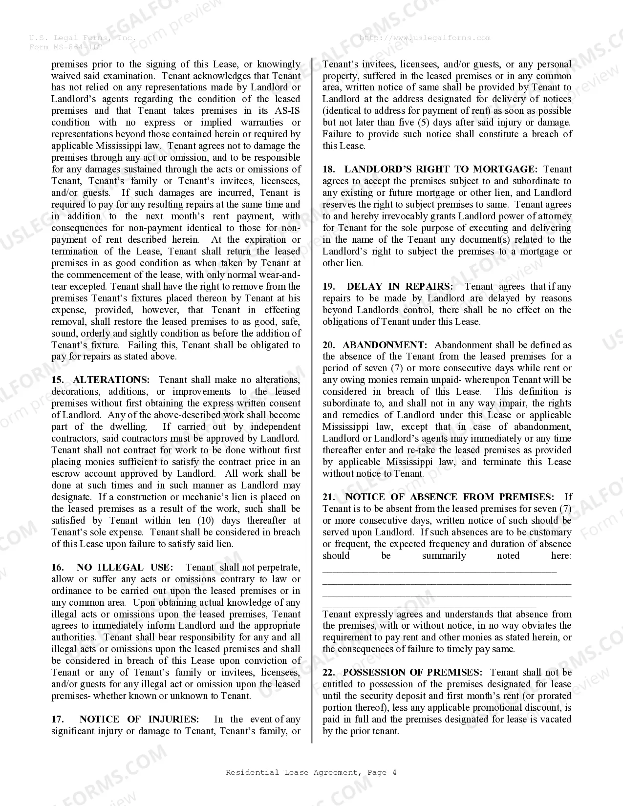 Preview Residential Lease or Rental Agreement for Month to Month