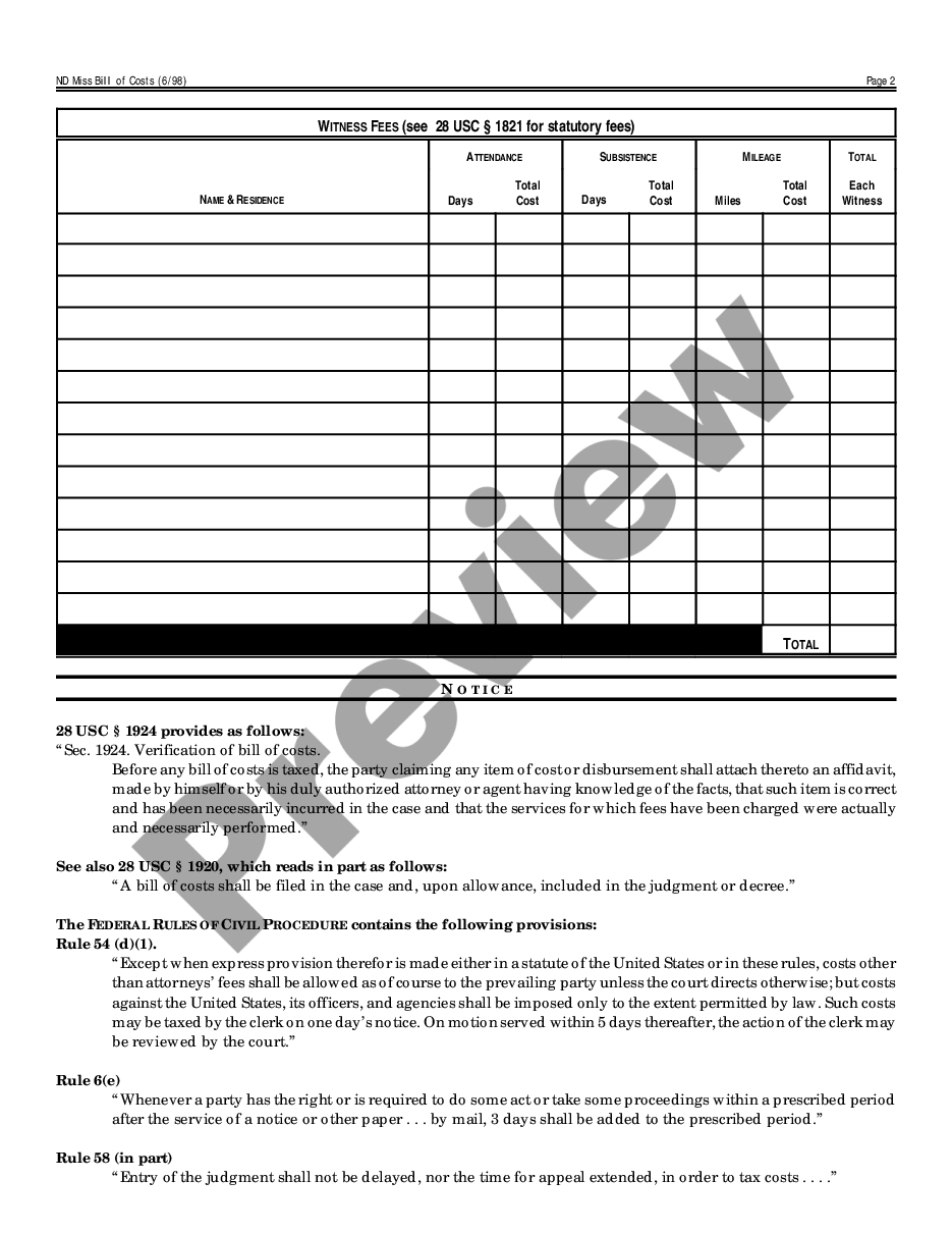 page 1 Bill of Costs preview