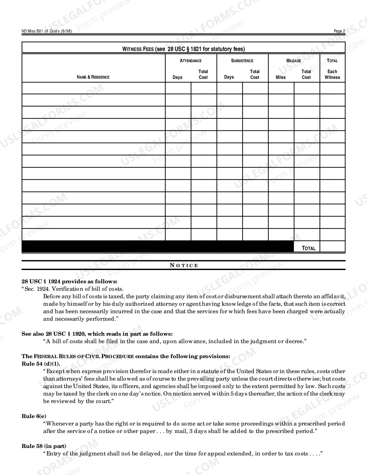 Preview Bill of Costs