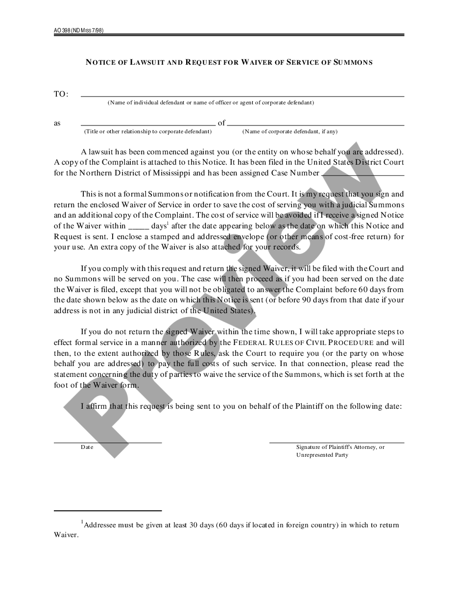 form Notice of Lawsuit and Request for Waiver of Service of Summons preview