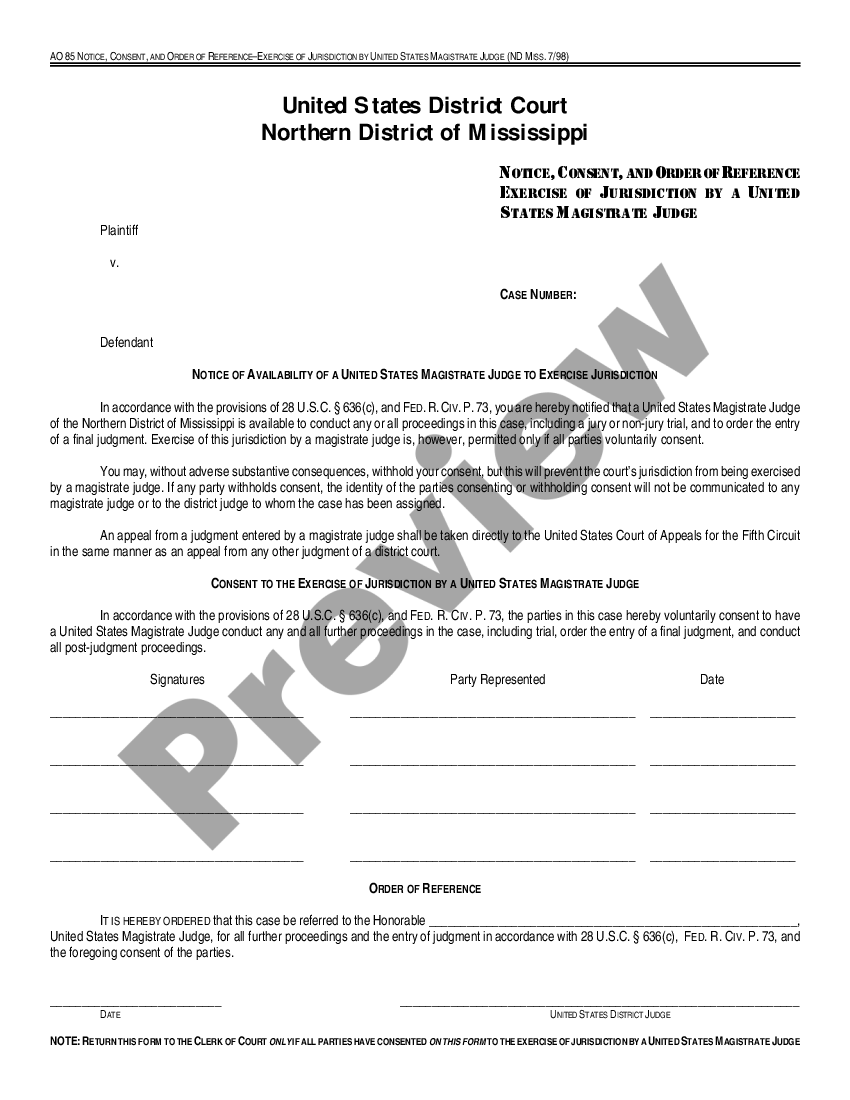 form Notice, Consent, and Order of Reference Exercise of Jurisdiction by U.S. Magistrate Judge preview