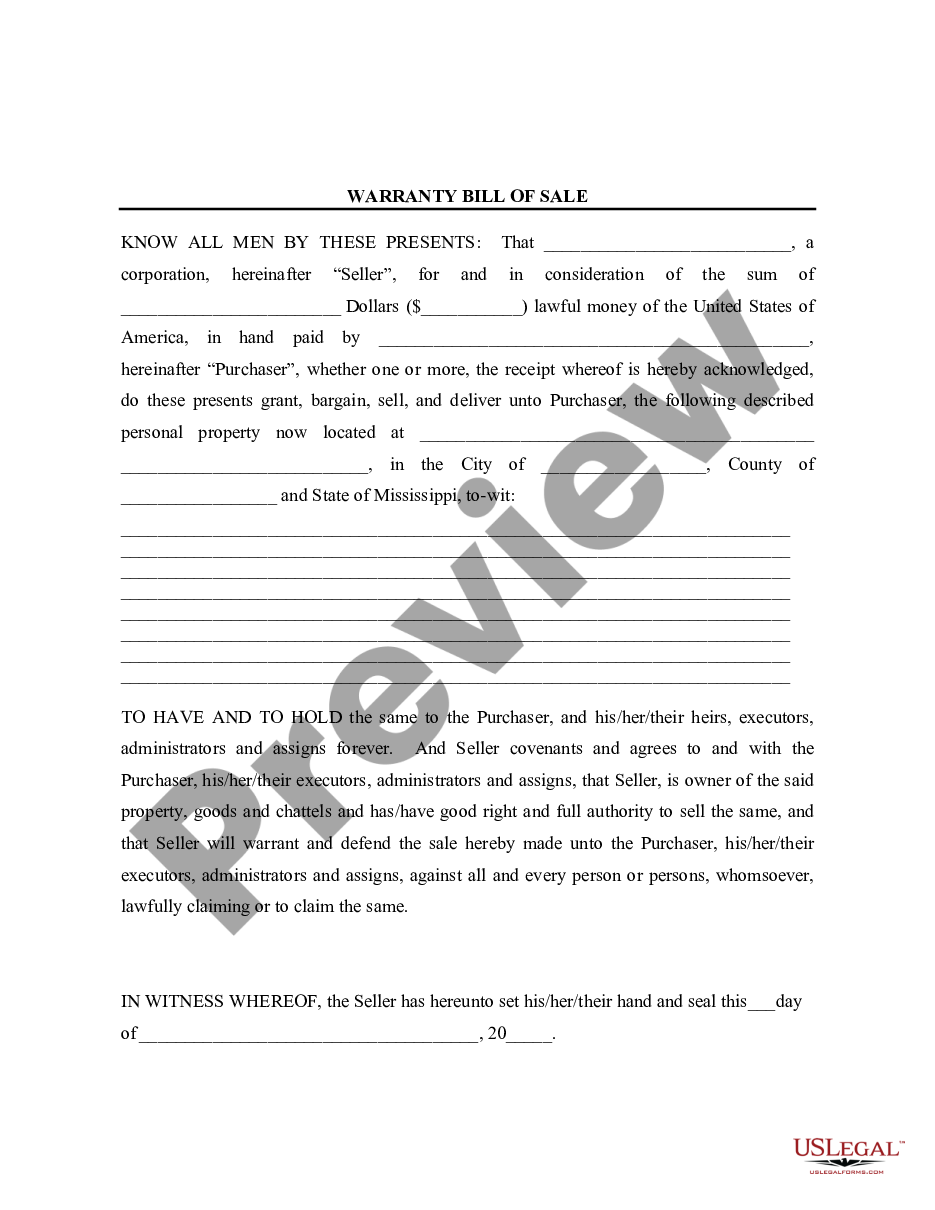 page 0 Bill of Sale with Warranty for Corporate Seller preview