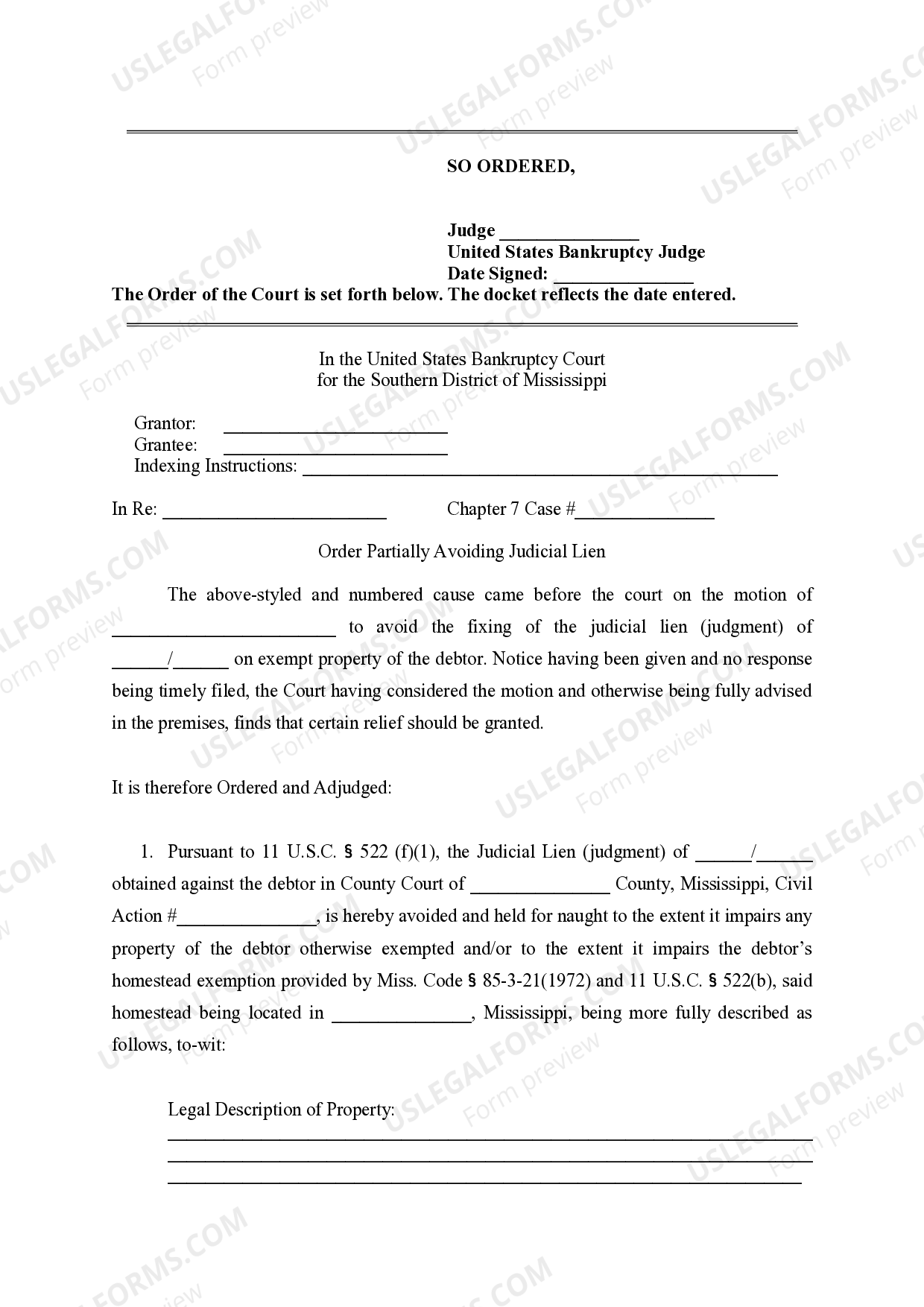 Mississippi Order Partially Avoiding Judicial Lien US Legal Forms