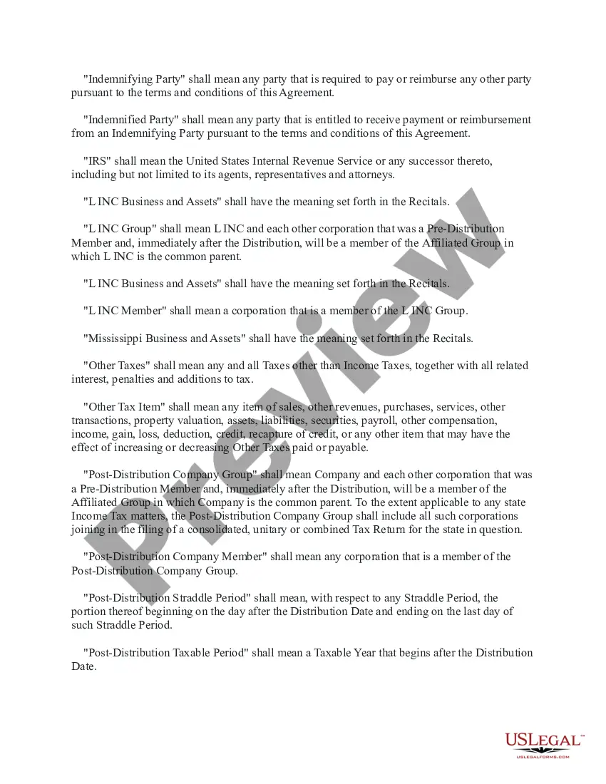 Preview Tax Allocation and Indemnity Agreement