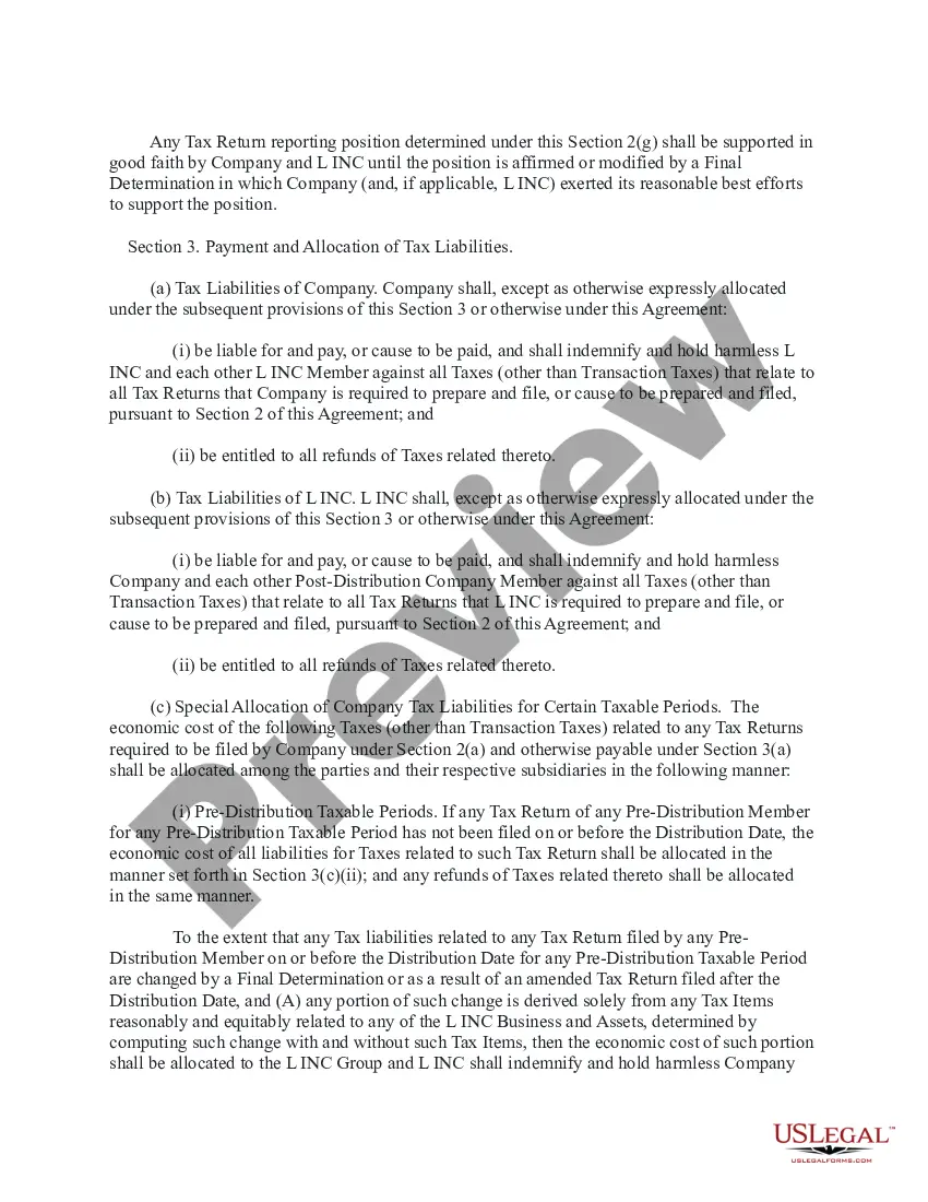 Preview Tax Allocation and Indemnity Agreement