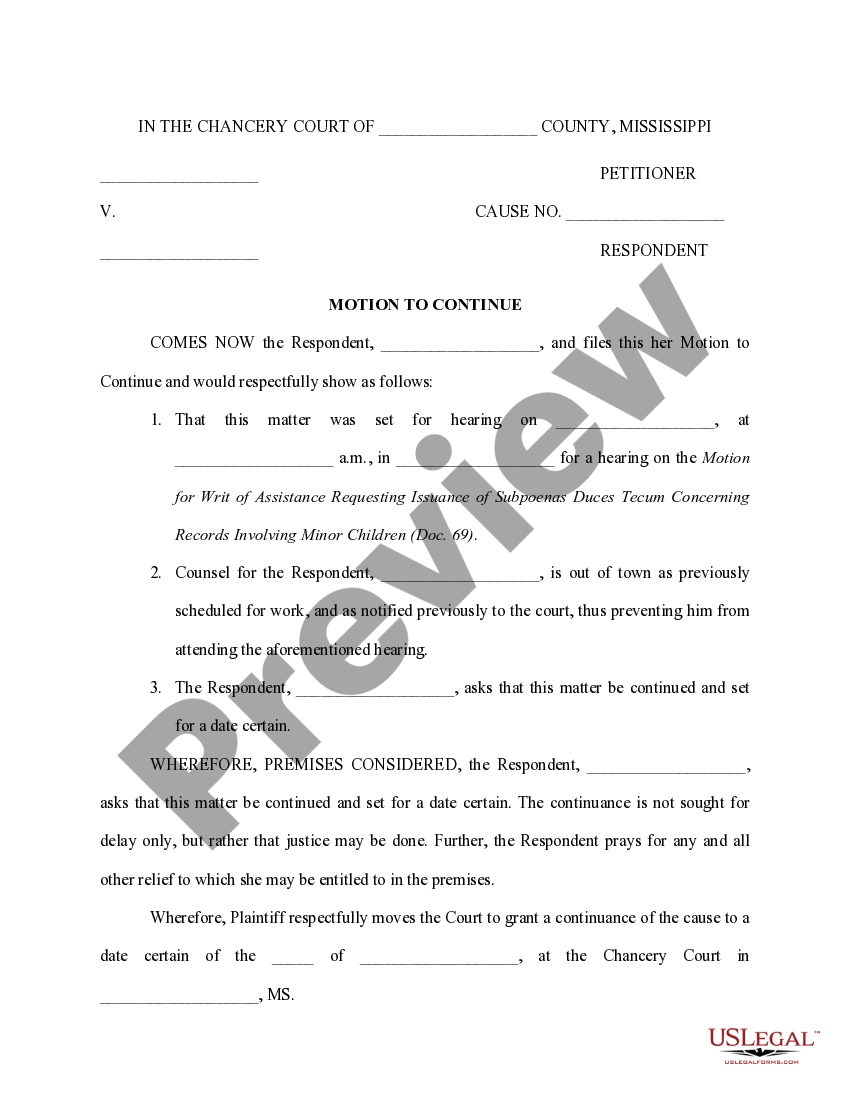 Mississippi Motion to Continue Hearing on the Motion for Writ of