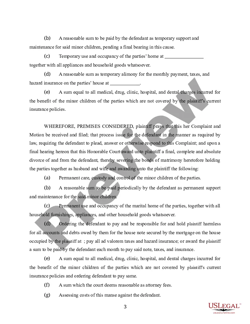 Preview Complaint for Divorce and Motion for Temporary Relief