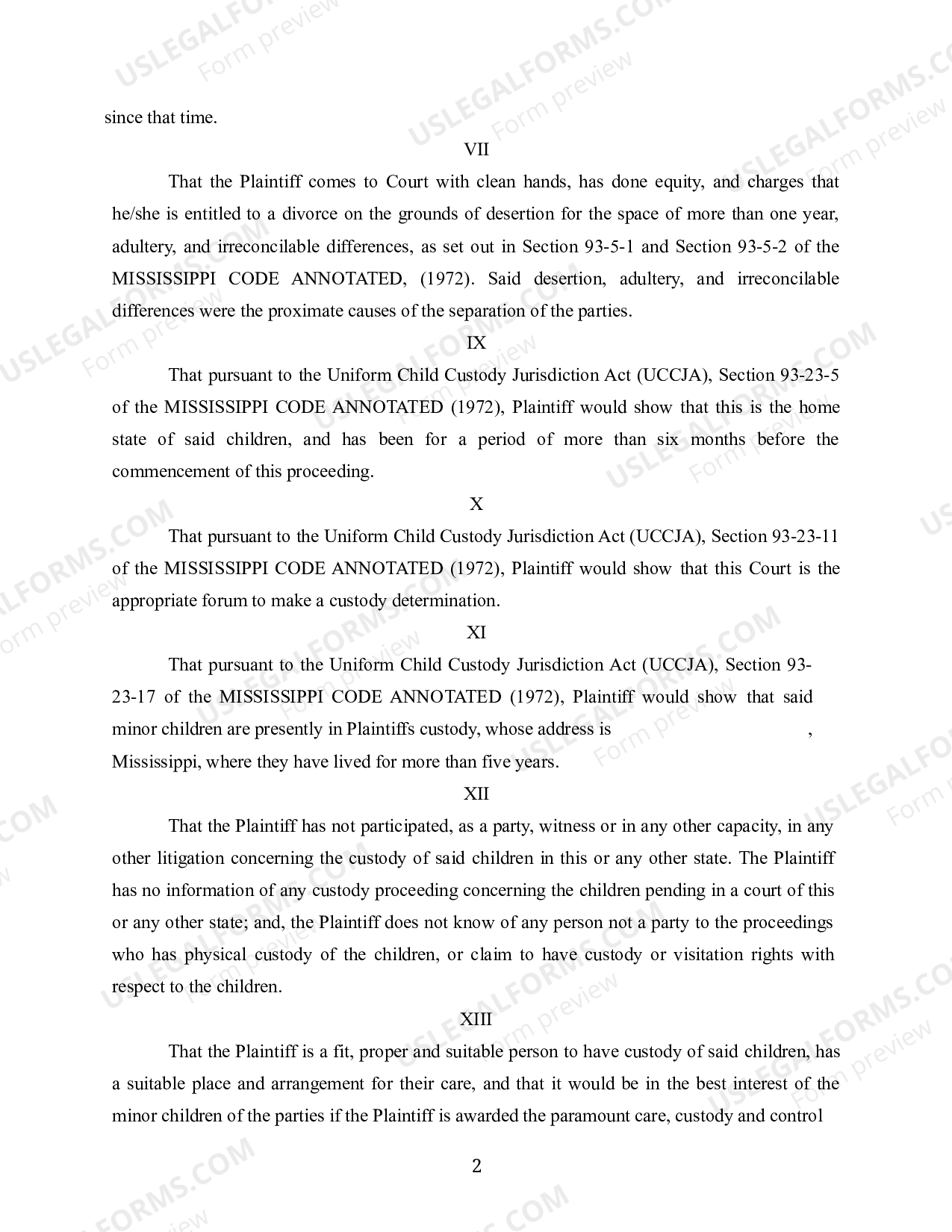 Mississippi Complaint for Divorce including children and child support ...