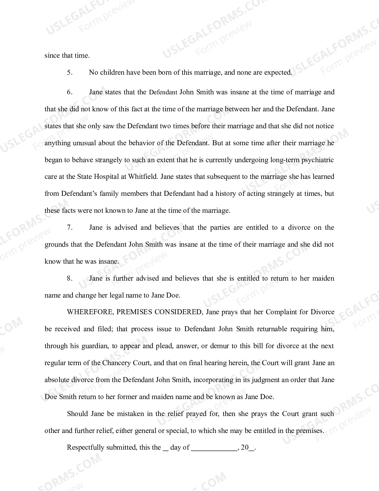 Preview Complaint for Divorce involving psychiatric care of Defendant