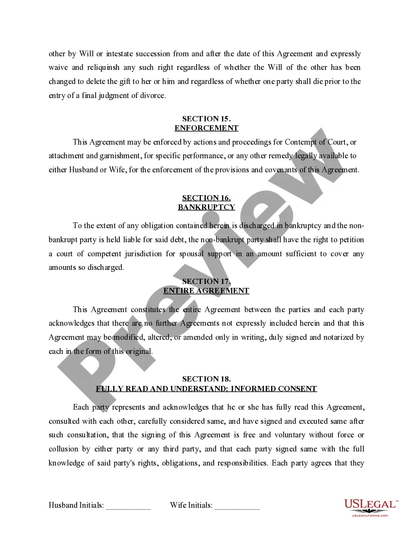 Preview Marital Domestic Separation and Property Settlement Agreement for persons with No Children, No Joint Property or Debts where Divorce Action Filed