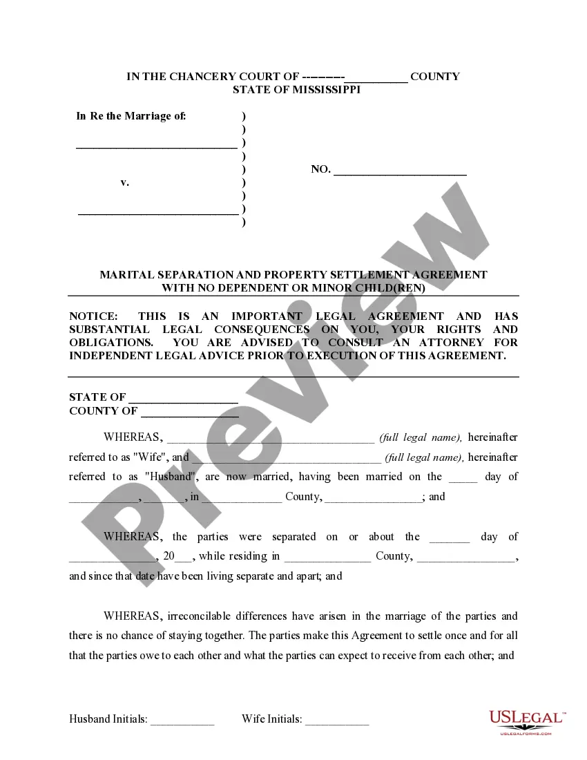 Preview Marital Domestic Separation and Property Settlement Agreement for persons with No Children, No Joint Property or Debts where Divorce Action Filed