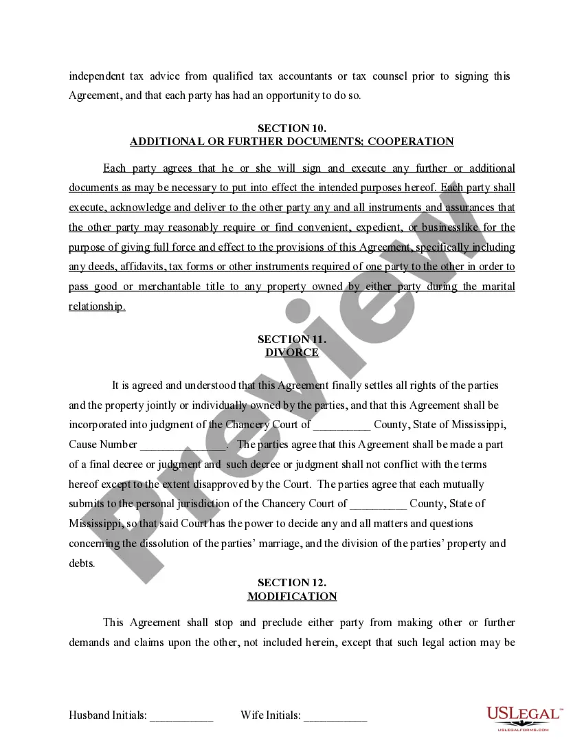 Preview Marital Domestic Separation and Property Settlement Agreement for persons with No Children, No Joint Property or Debts where Divorce Action Filed