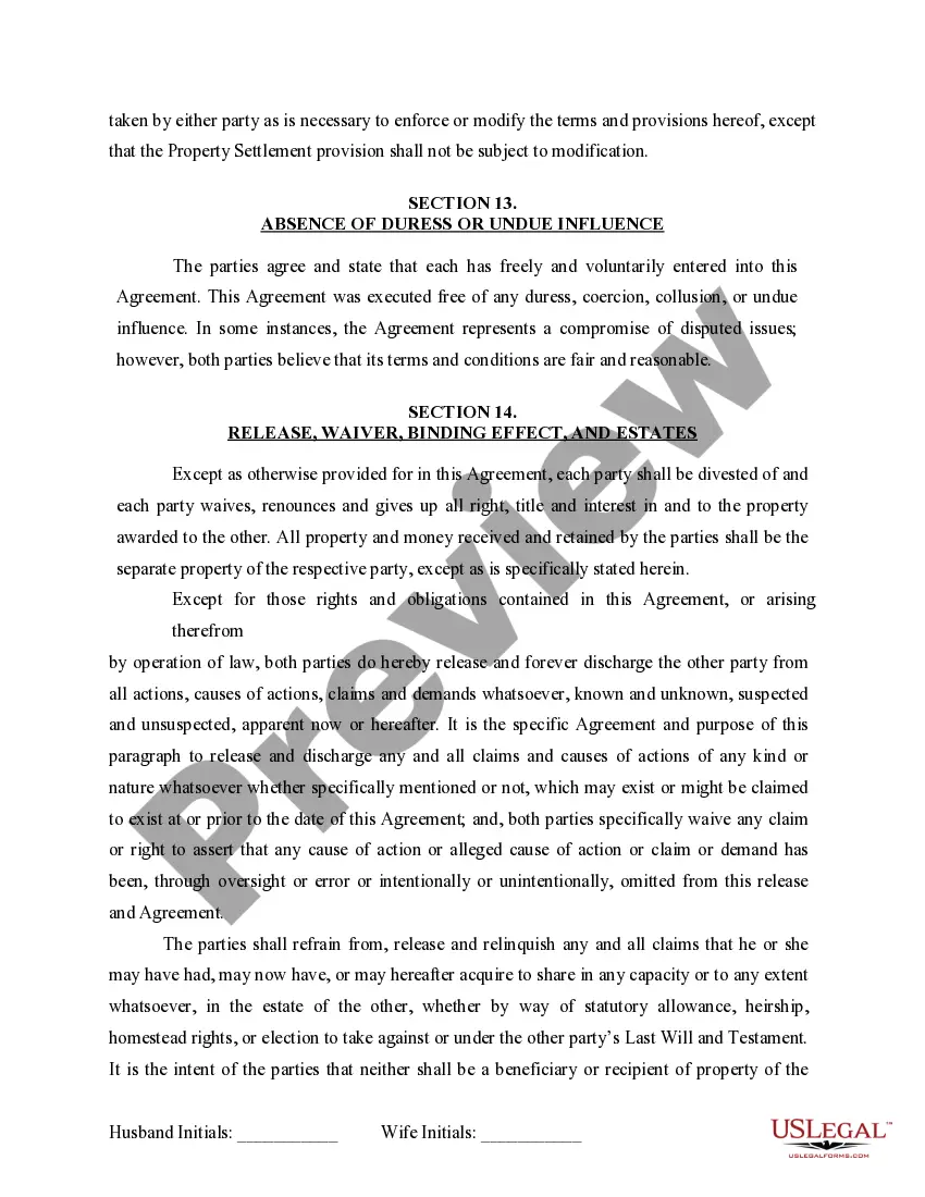 Preview Marital Domestic Separation and Property Settlement Agreement for persons with No Children, No Joint Property or Debts where Divorce Action Filed