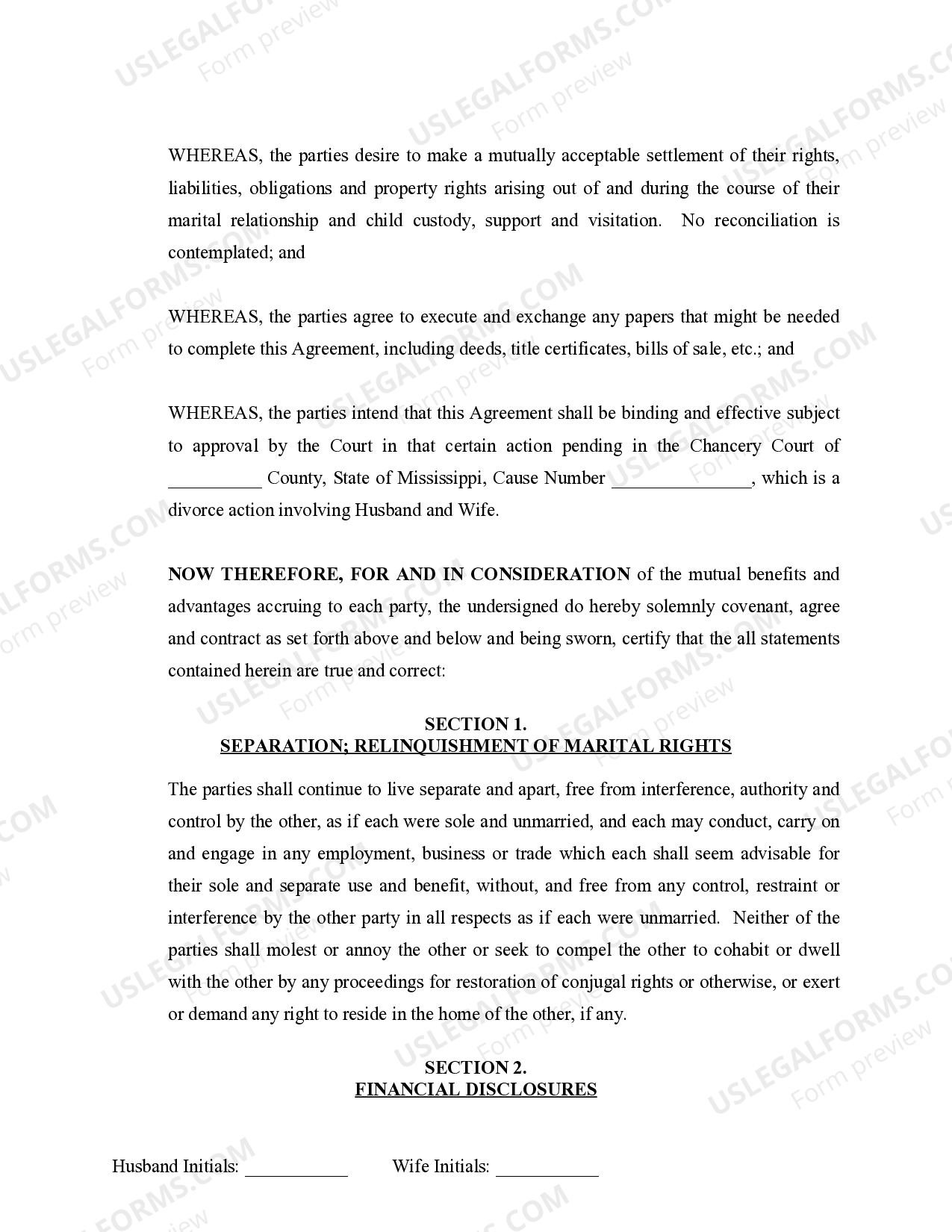 Mississippi Marital Domestic Separation and Property Settlement