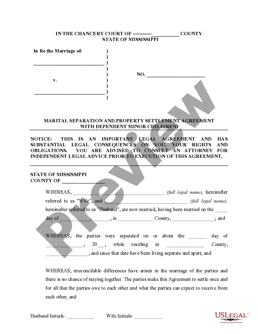 Preview Marital Domestic Separation and Property Settlement Agreement Minor Children no Joint Property or Debts where Divorce Action Filed