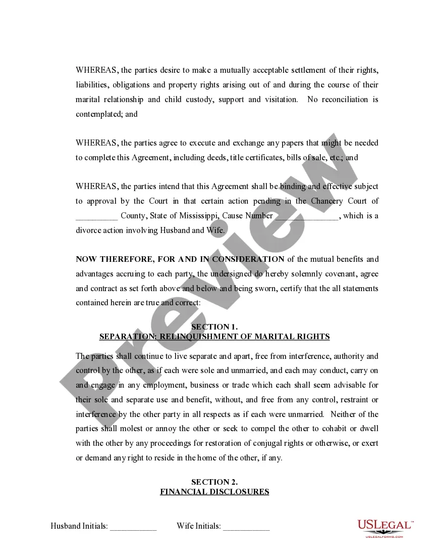 Preview Marital Domestic Separation and Property Settlement Agreement Minor Children no Joint Property or Debts where Divorce Action Filed