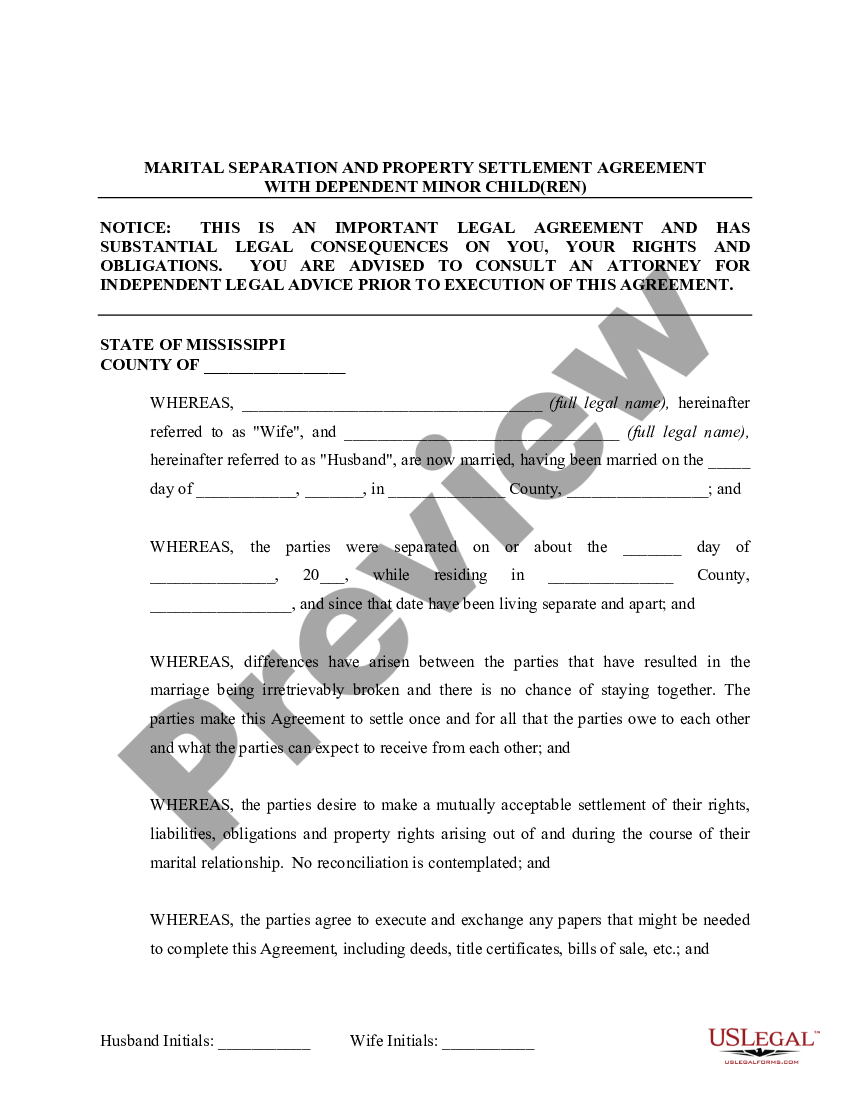 Mississippi Separation Agreement Form Ireland | US Legal Forms