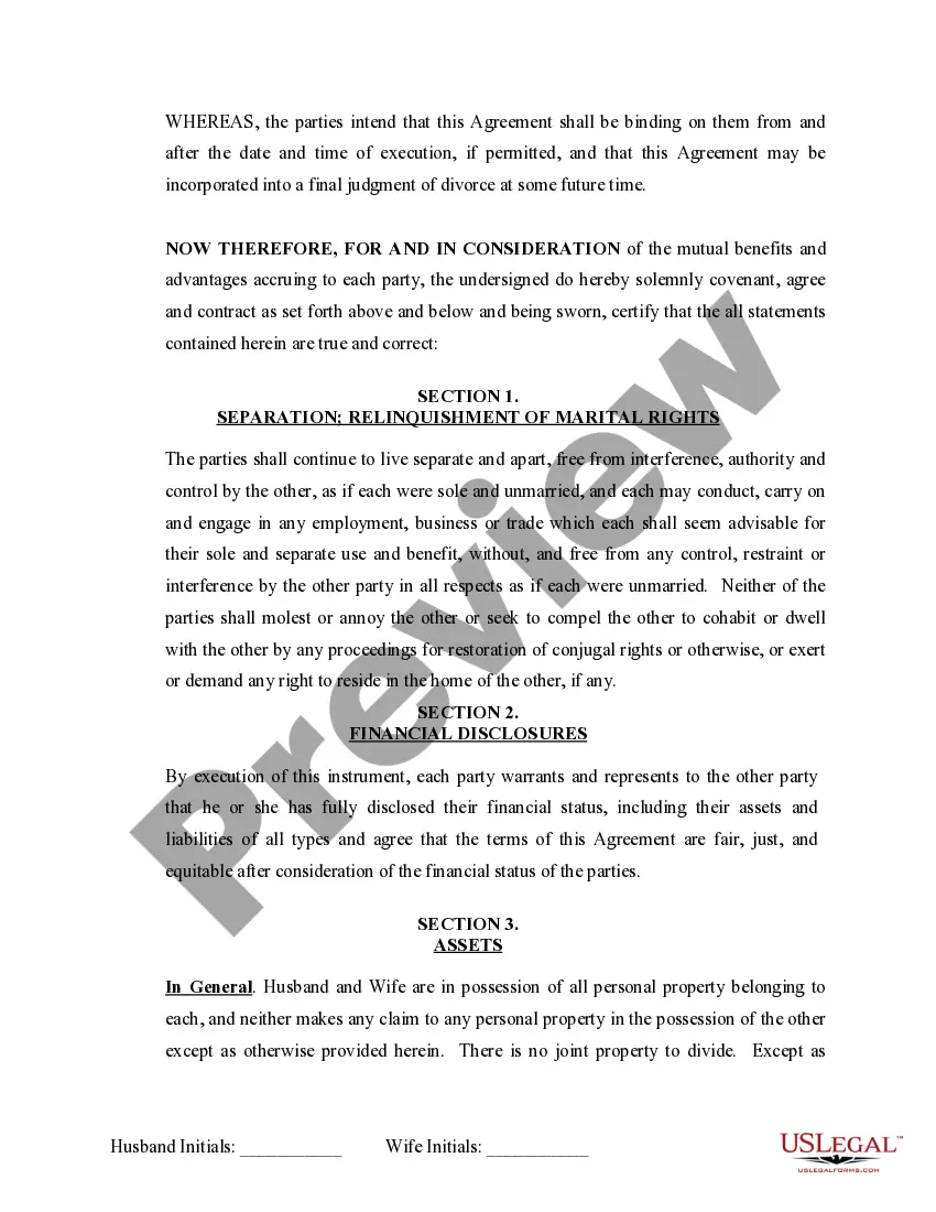 Preview Marital Domestic Separation and Property Settlement Agreement Minor Children no Joint Property or Debts effective Immediately
