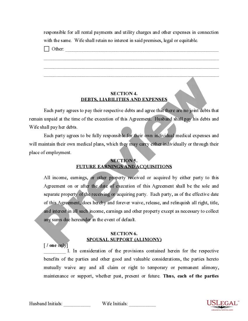 Preview Marital Domestic Separation and Property Settlement Agreement Minor Children no Joint Property or Debts effective Immediately