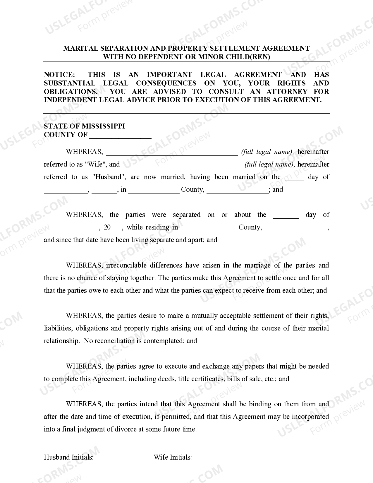 Mississippi Marital Domestic Separation and Property Settlement