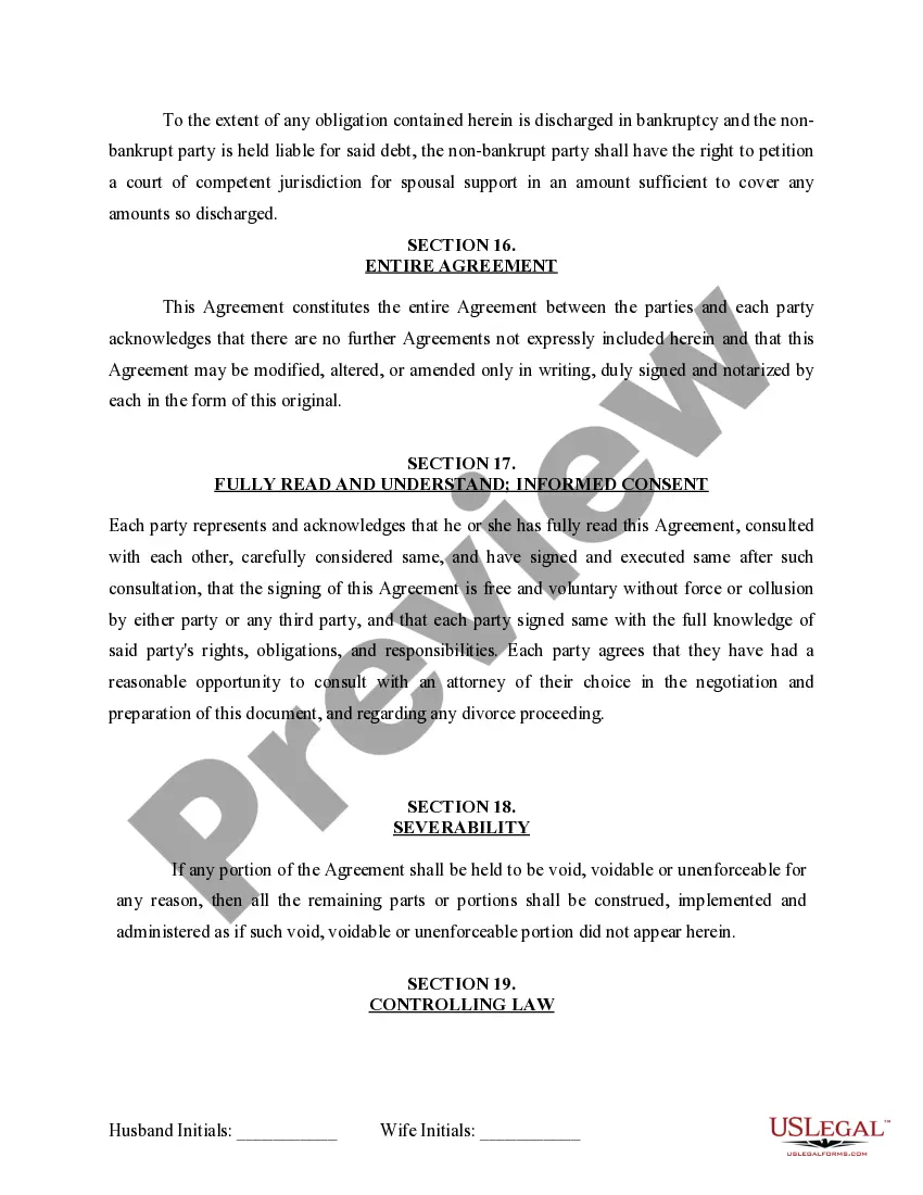 Preview Marital Domestic Separation and Property Settlement Agreement for persons with no Children, no Joint Property, or Debts Effective Immediately