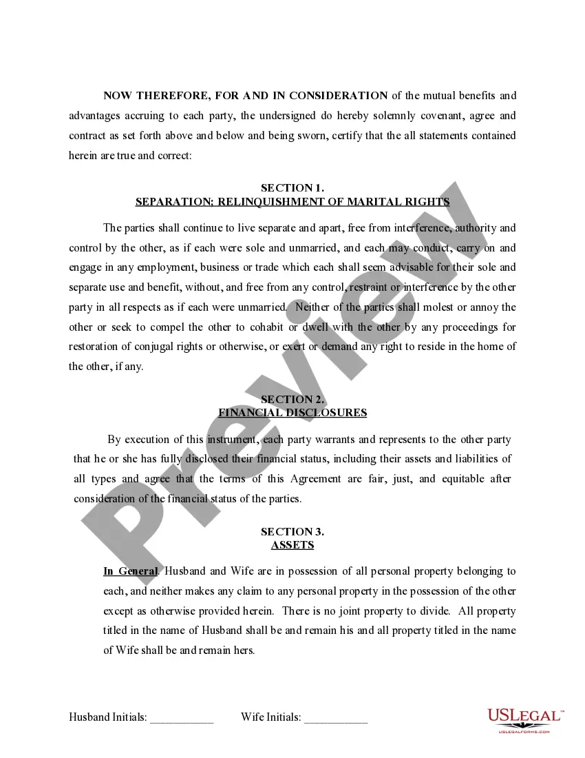 Preview Marital Domestic Separation and Property Settlement Agreement for persons with no Children, no Joint Property, or Debts Effective Immediately