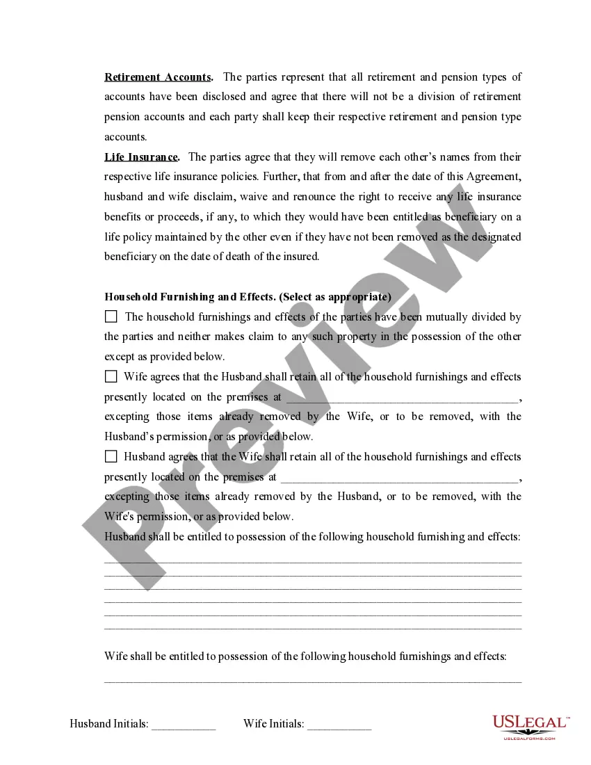 Preview Marital Domestic Separation and Property Settlement Agreement for persons with no Children, no Joint Property, or Debts Effective Immediately