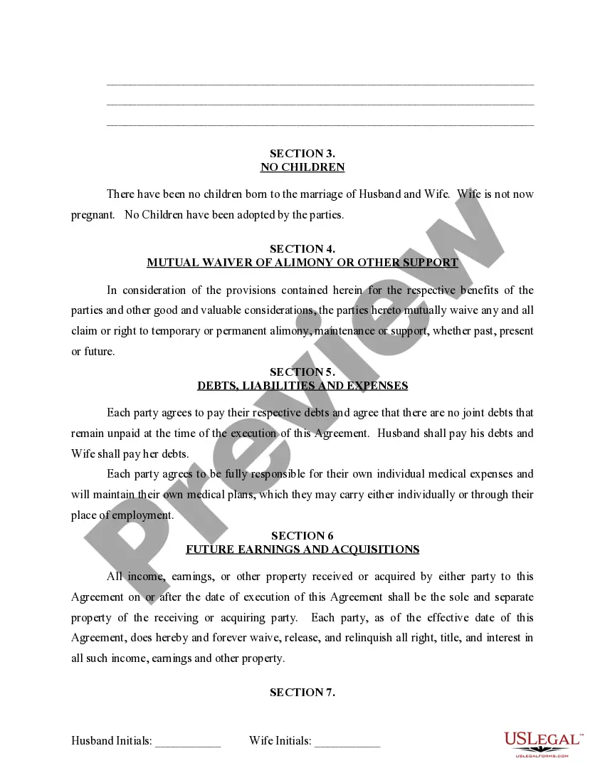 Preview Marital Domestic Separation and Property Settlement Agreement for persons with no Children, no Joint Property, or Debts Effective Immediately