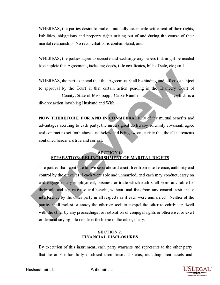 Preview Marital Domestic Separation and Property Settlement Agreement no Children parties may have Joint Property or Debts where Divorce Action Filed