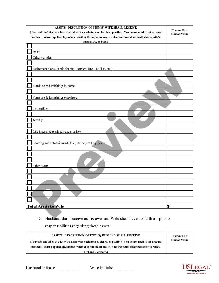 Preview Marital Domestic Separation and Property Settlement Agreement no Children parties may have Joint Property or Debts where Divorce Action Filed