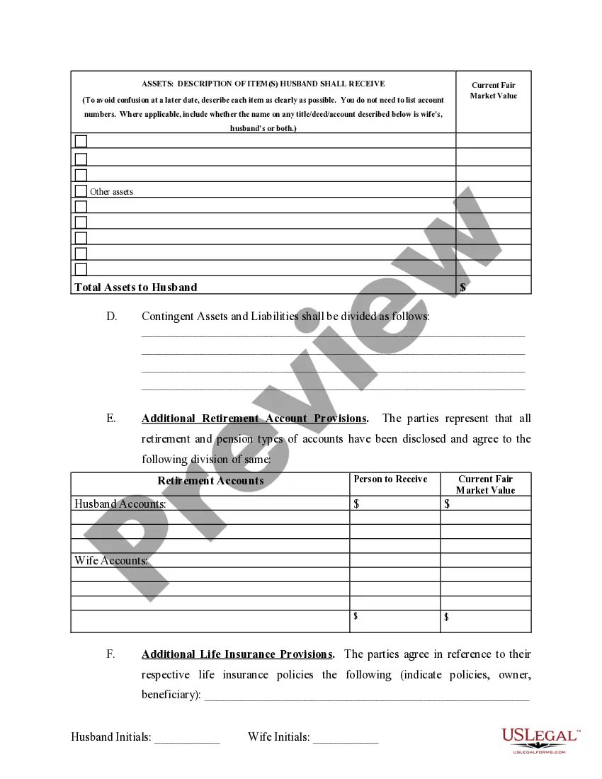 Preview Marital Domestic Separation and Property Settlement Agreement no Children parties may have Joint Property or Debts where Divorce Action Filed