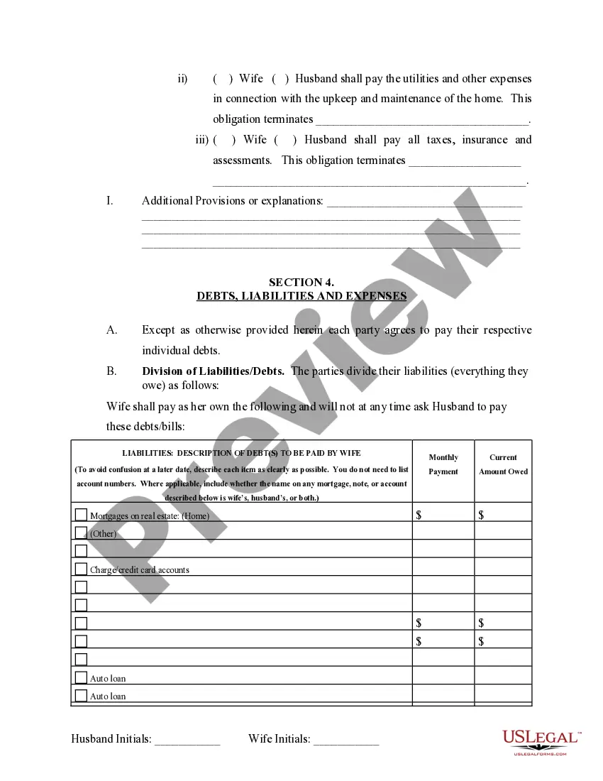 Preview Marital Domestic Separation and Property Settlement Agreement no Children parties may have Joint Property or Debts where Divorce Action Filed