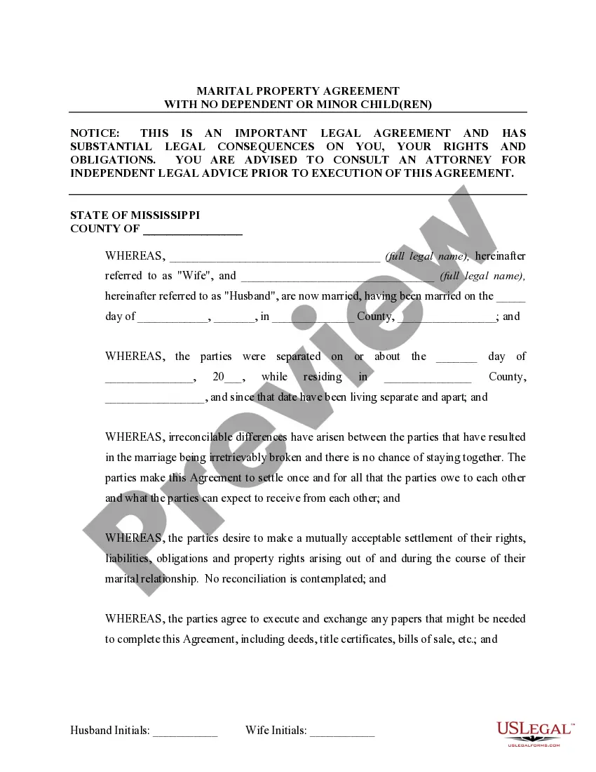 Preview Marital Domestic Separation and Property Settlement Agreement no Children parties may have Joint Property or Debts Effective Immediately